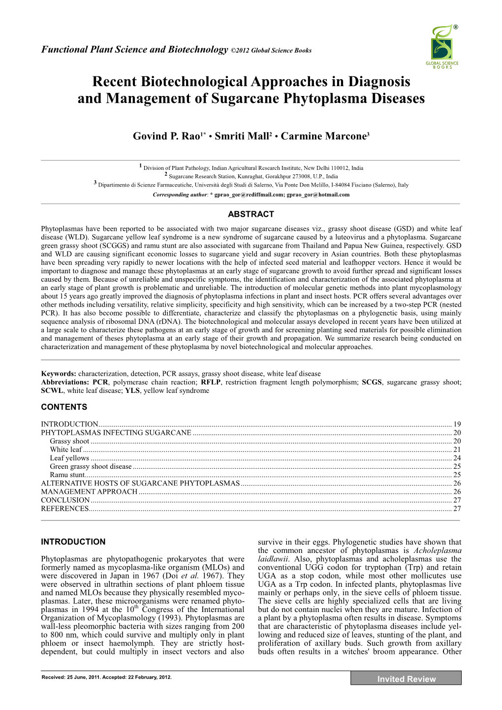 Recent Biotechnological Approaches in Diagnosis and Management of Sugarcane Phytoplasma Diseases