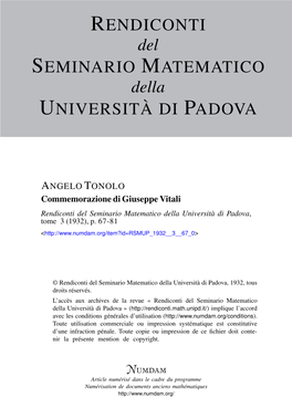 Commemorazione Di Giuseppe Vitali Rendiconti Del Seminario Matematico Della Università Di Padova, Tome 3 (1932), P