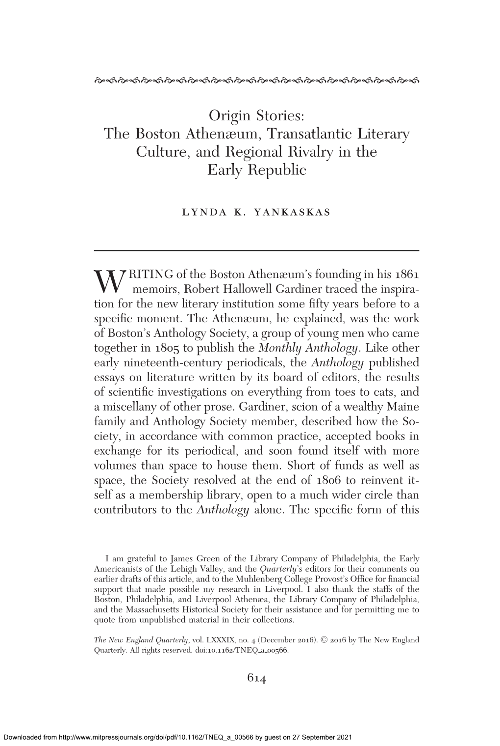 The Boston Athenæum, Transatlantic Literary Culture, and Regional Rivalry in the Early Republic