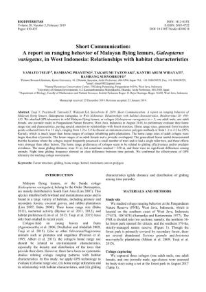 A Report on Ranging Behavior of Malayan Flying Lemurs, Galeopterus Variegatus, in West Indonesia: Relationships with Habitat Characteristics