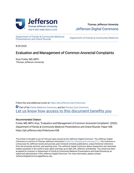 Evaluation and Management of Common Anorectal Complaints