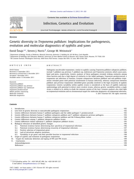 Genetic Diversity in Treponema Pallidum: Implications for Pathogenesis, Evolution and Molecular Diagnostics of Syphilis and Yaws ⇑ David Šmajs A, , Steven J