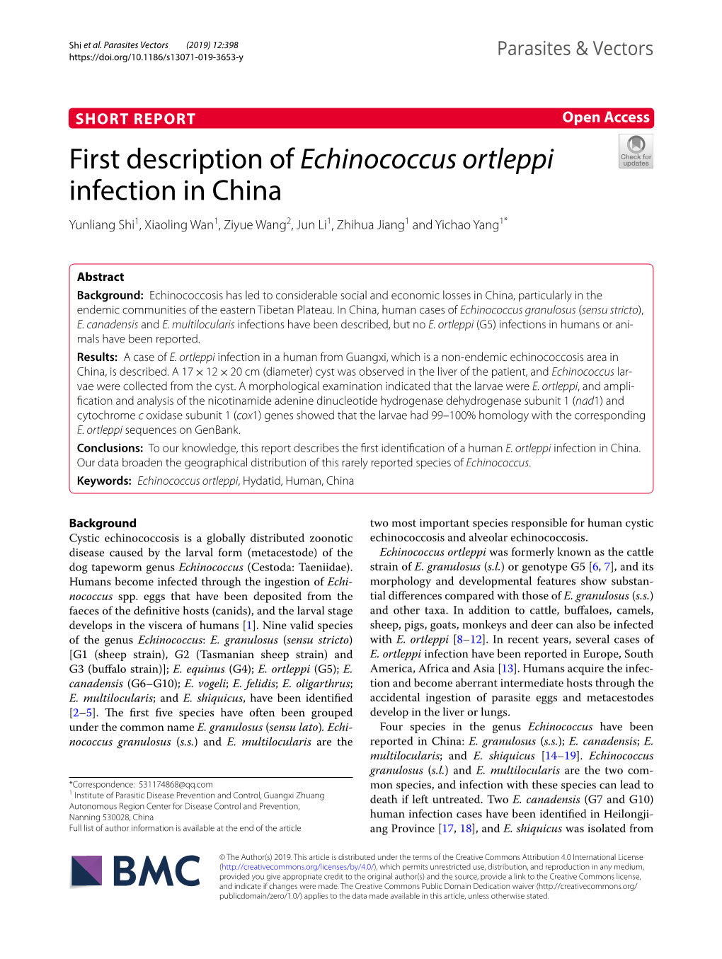 First Description of Echinococcus Ortleppi Infection in China Yunliang Shi1, Xiaoling Wan1, Ziyue Wang2, Jun Li1, Zhihua Jiang1 and Yichao Yang1*