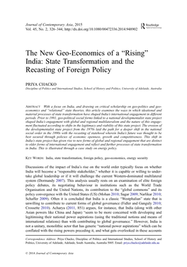 The New Geo-Economics of a “Rising” India: State Transformation and the Recasting of Foreign Policy