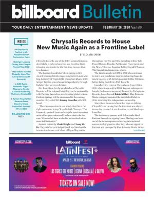 Chrysalis Records to House New Music Again As a Frontline Label