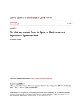 Global Governance of Financial Systems: the International Regulation of Systematic Risk