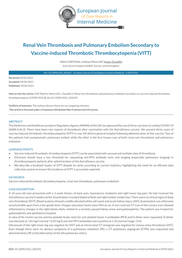Renal Vein Thrombosis and Pulmonary Embolism Secondary to Vaccine-Induced Thrombotic Thrombocytopenia (VITT)