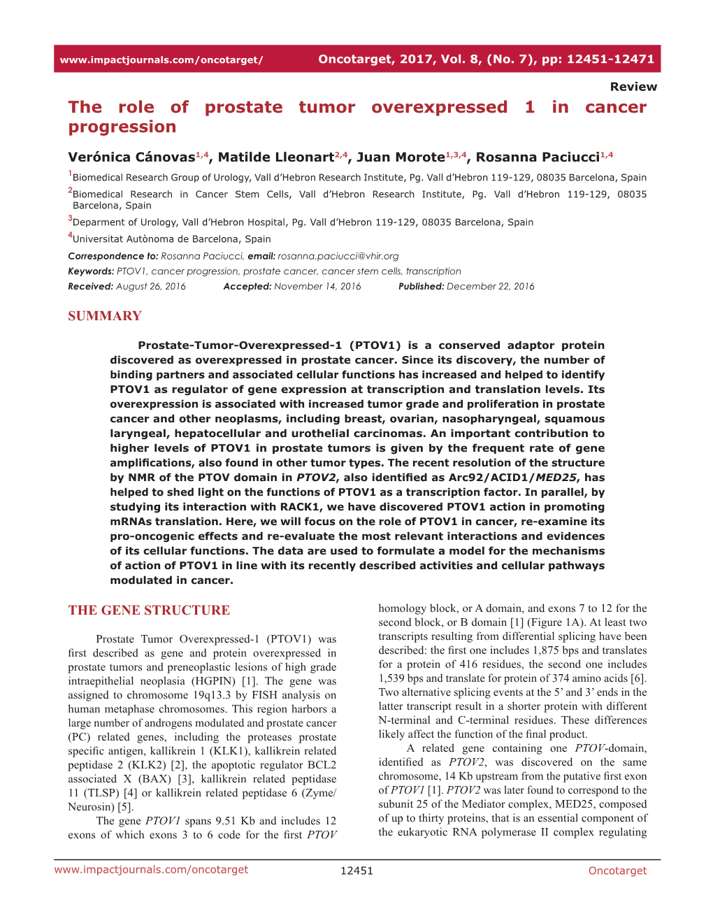 The Role of Prostate Tumor Overexpressed 1 in Cancer Progression