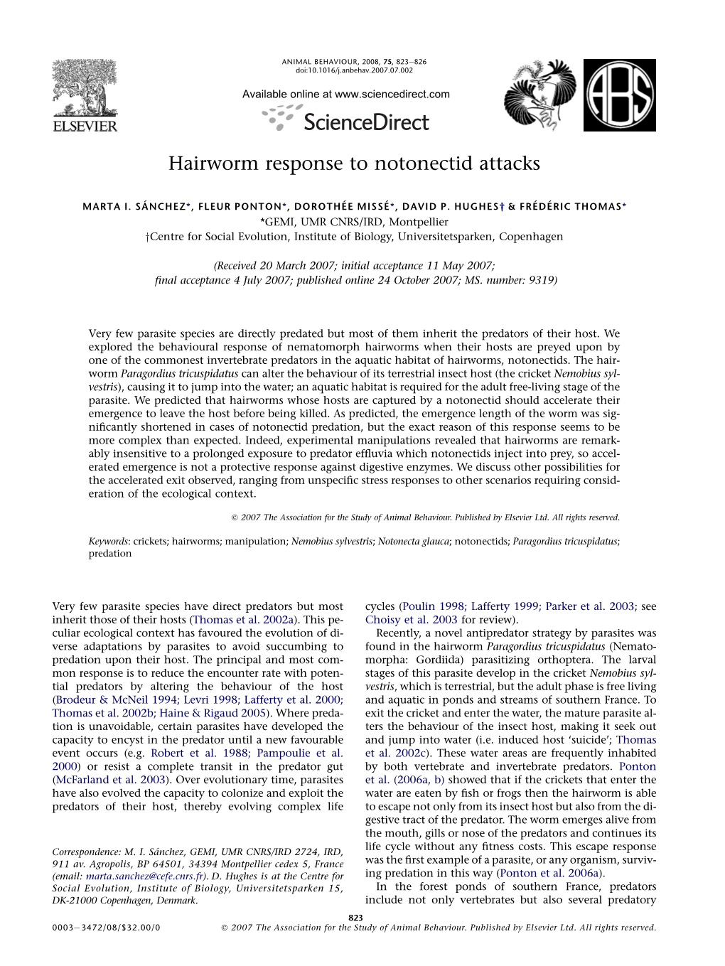 Hairworm Response to Notonectid Attacks