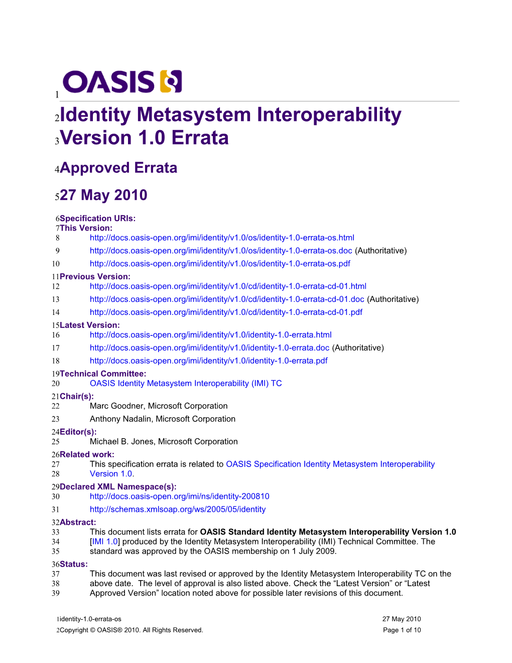 Identity Metasystem Interoperability Version 1.0 Errata