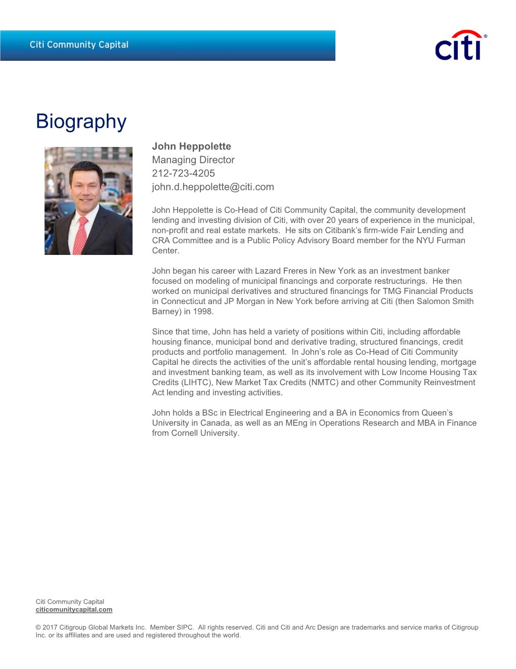 Biography John Heppolette Managing Director 212-723-4205 John.D.Heppolette@Citi.Com