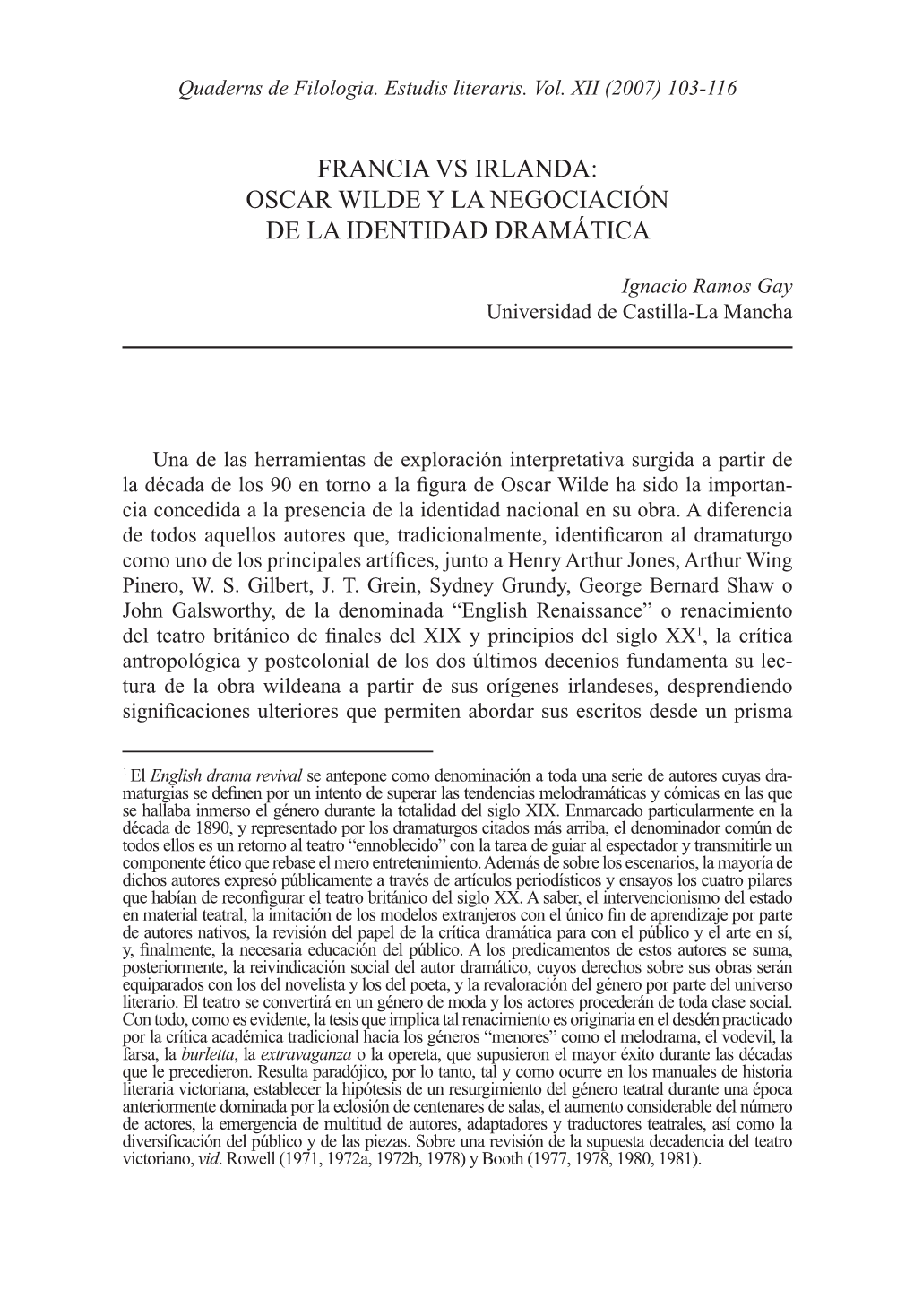 Francia Vs Irlanda: Oscar Wilde Y La Negociación De La Identidad Dramática