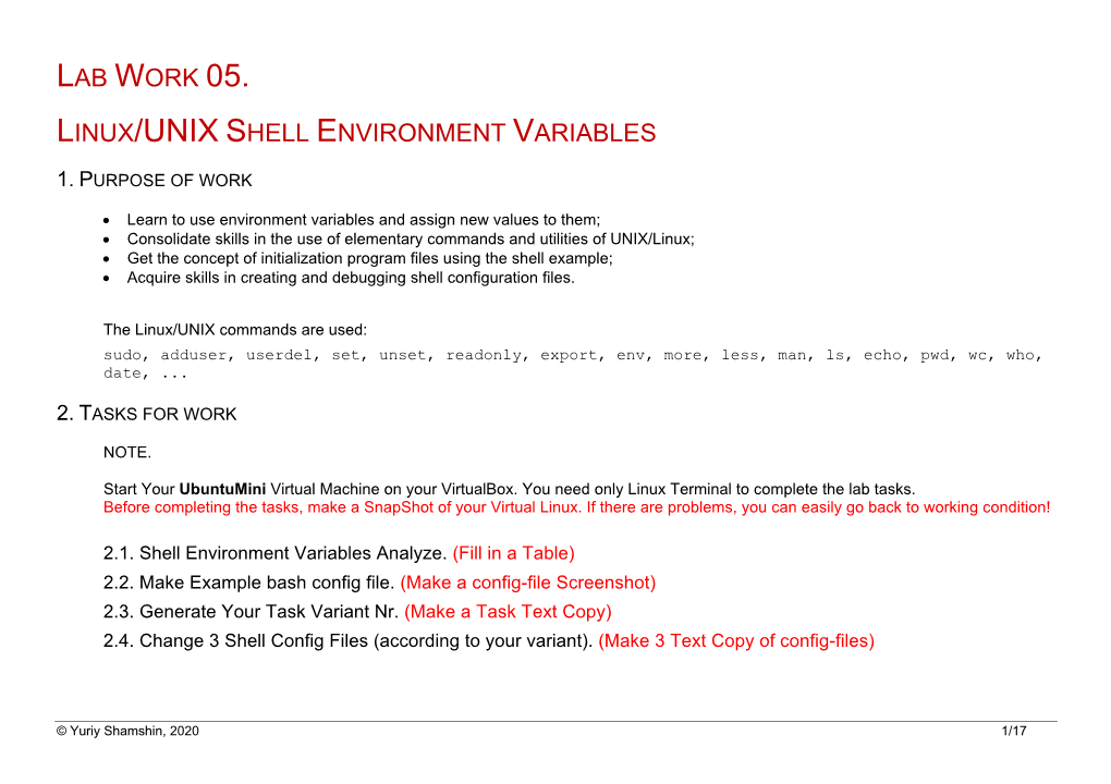 Lab Work 05. Linux/UNIX Shell Environment Variables