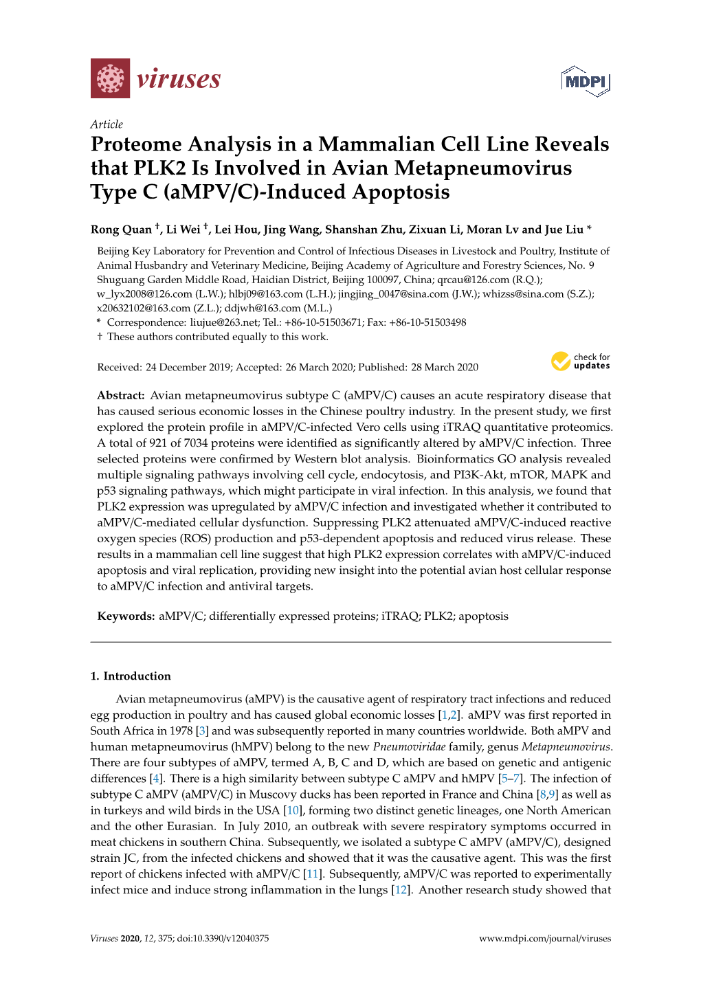 Proteome Analysis in a Mammalian Cell Line Reveals That PLK2 Is Involved in Avian Metapneumovirus Type C (Ampv/C)-Induced Apoptosis