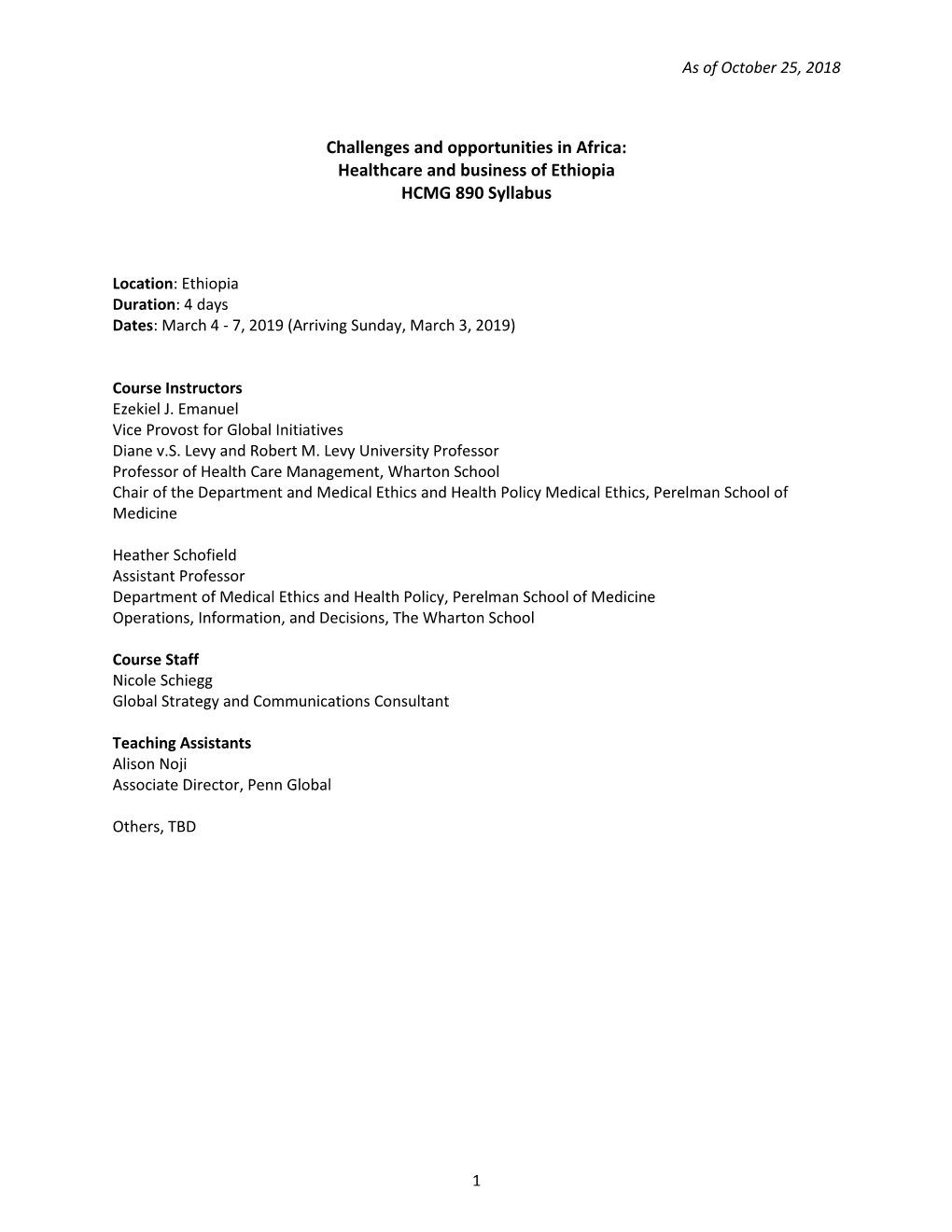 Healthcare and Business of Ethiopia HCMG 890 Syllabus