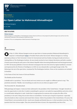 An Open Letter to Mahmoud Ahmadinejad | the Washington