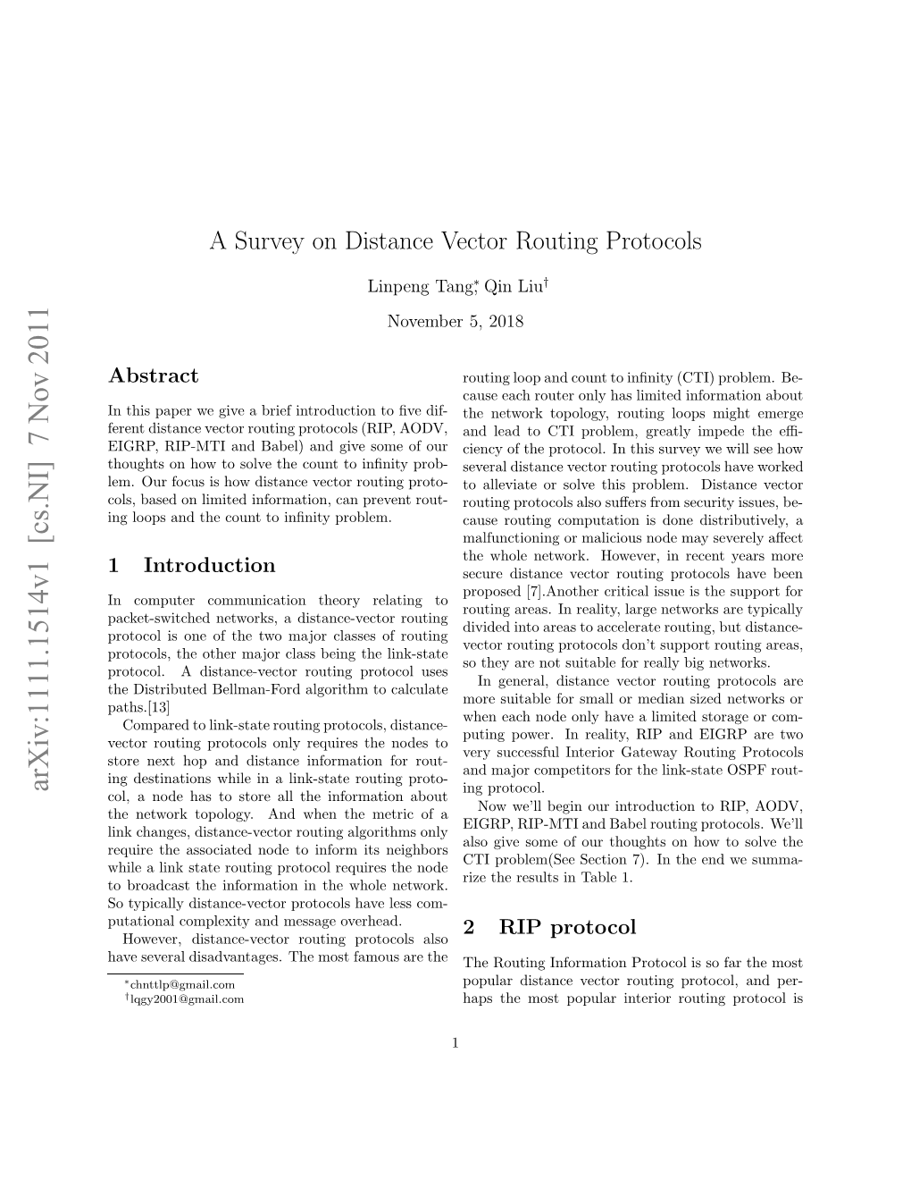 A Survey on Distance Vector Routing Protocols