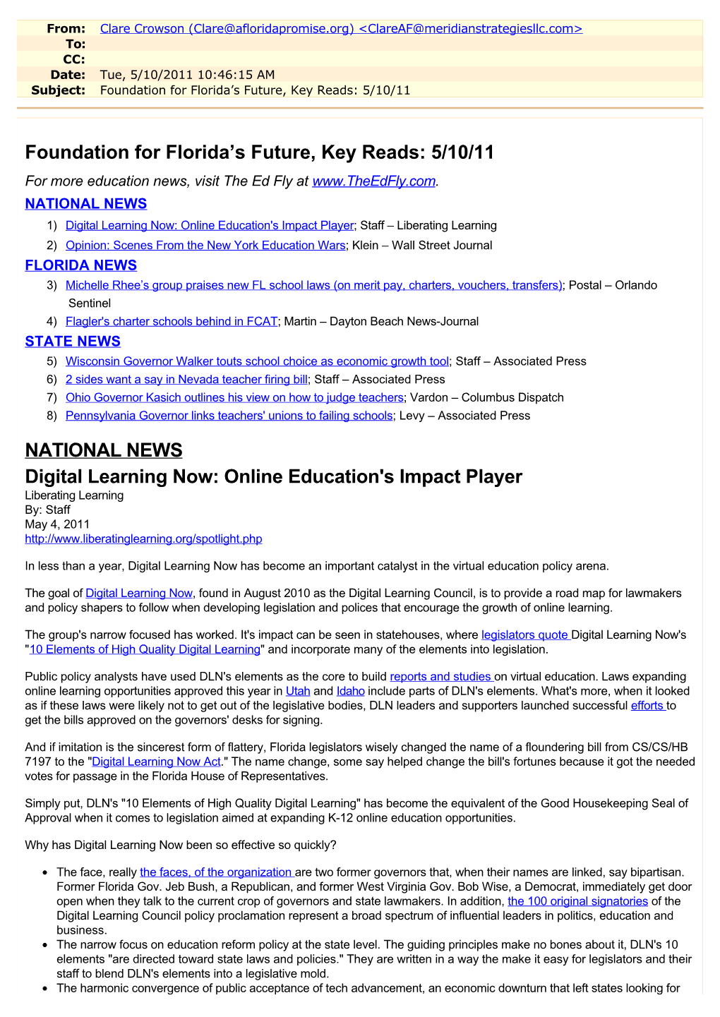 5/10/11 NATIONAL NEWS Digital Learning Now: Online Education's