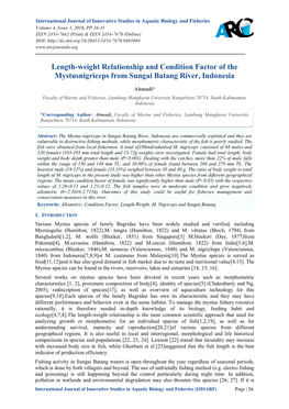 Length-Weight Relationship and Condition Factor of the Mystusnigriceps from Sungai Batang River, Indonesia