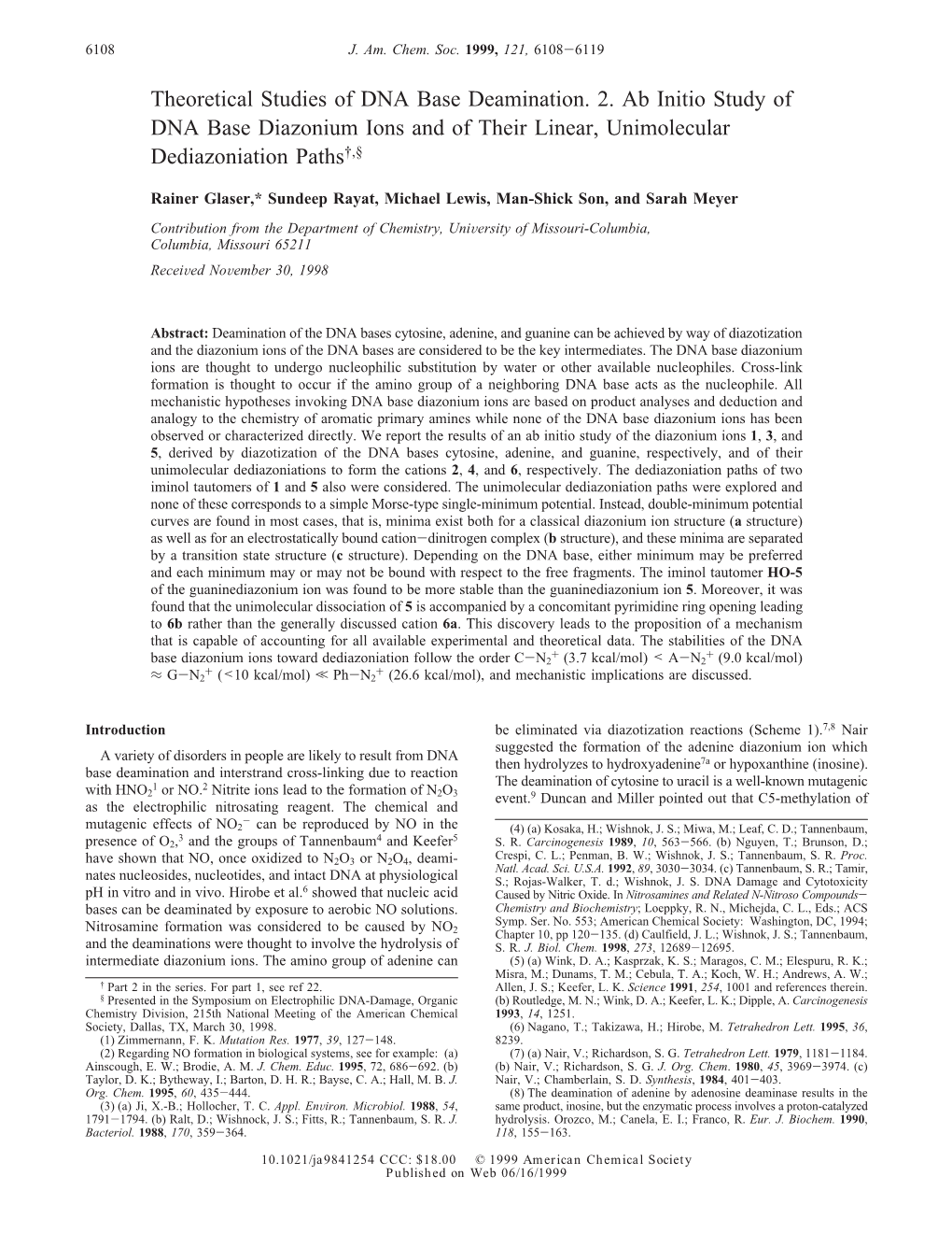 Theoretical Studies of DNA Base Deamination. 2. Ab Initio Study of DNA Base Diazonium Ions and of Their Linear, Unimolecular Dediazoniation Paths†,§