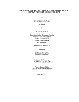 Experimental Study on Transport Mechanisms During Deep Fat Frying of Chicken Nuggets