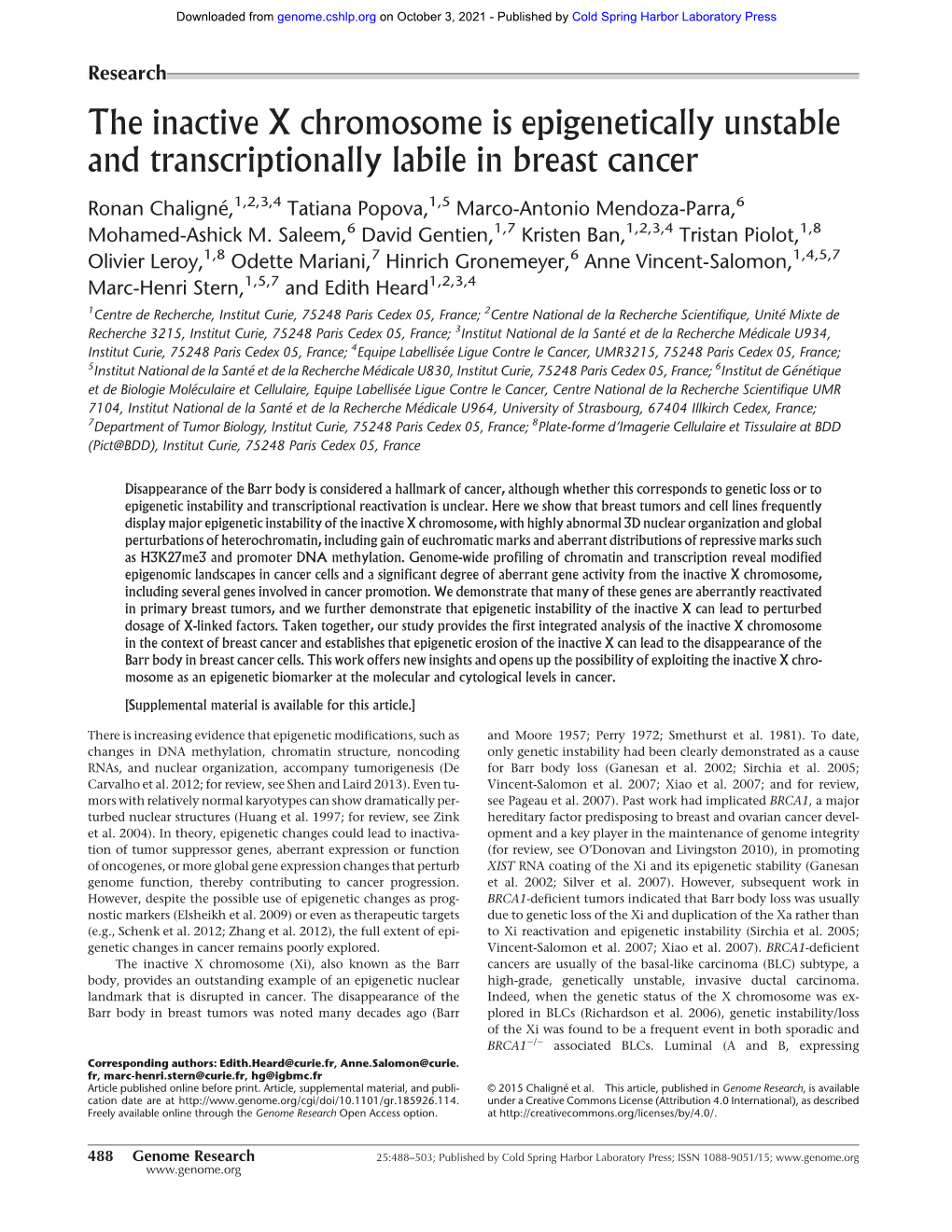 The Inactive X Chromosome Is Epigenetically Unstable and Transcriptionally Labile in Breast Cancer