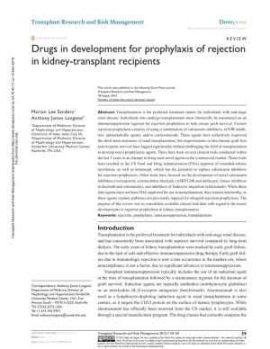 Drugs in Development for Prophylaxis of Rejection in Kidney-Transplant Recipients