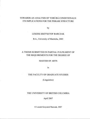 Towards an Analysis of Yoruba Conditionals: Its Implications for the Phrase Structure