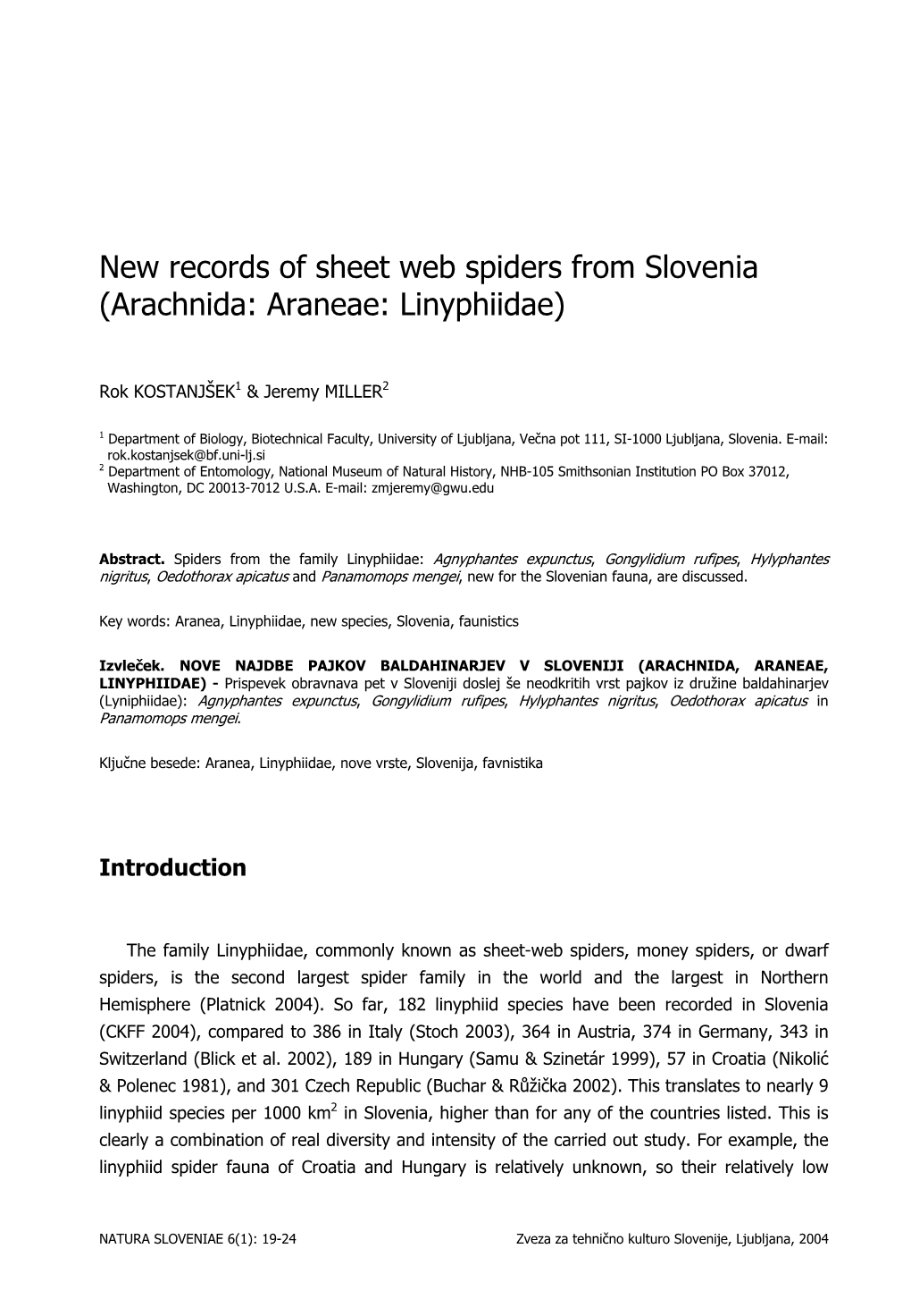 New Records of Sheet Web Spiders from Slovenia (Arachnida: Araneae: Linyphiidae)