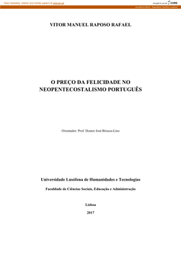 O Preço Da Felicidade No Neopentecostalismo Português