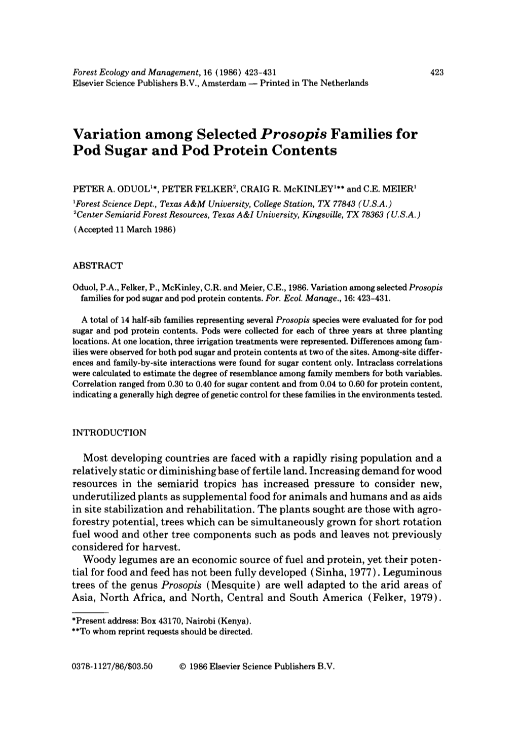 Variation Among Selected Prosopis Families for Pod Sugar and Pod Protein Contents