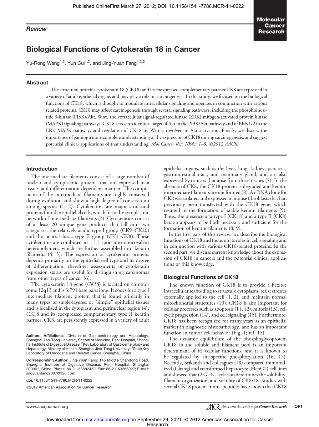 Biological Functions of Cytokeratin 18 in Cancer