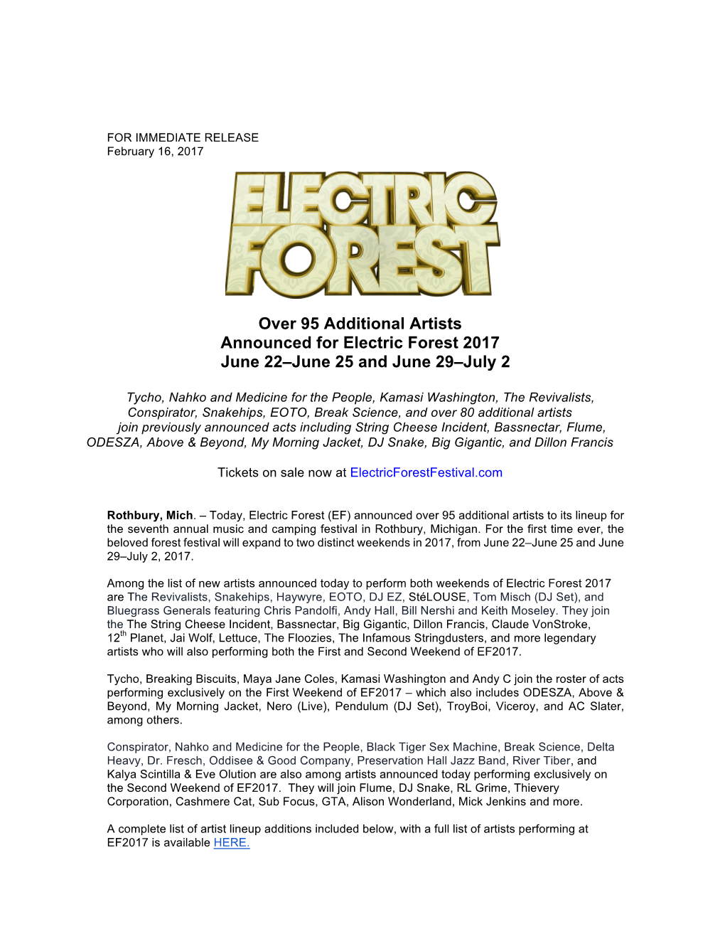 Over 95 Additional Artists Announced for Electric Forest 2017 June 22–June 25 and June 29–July 2