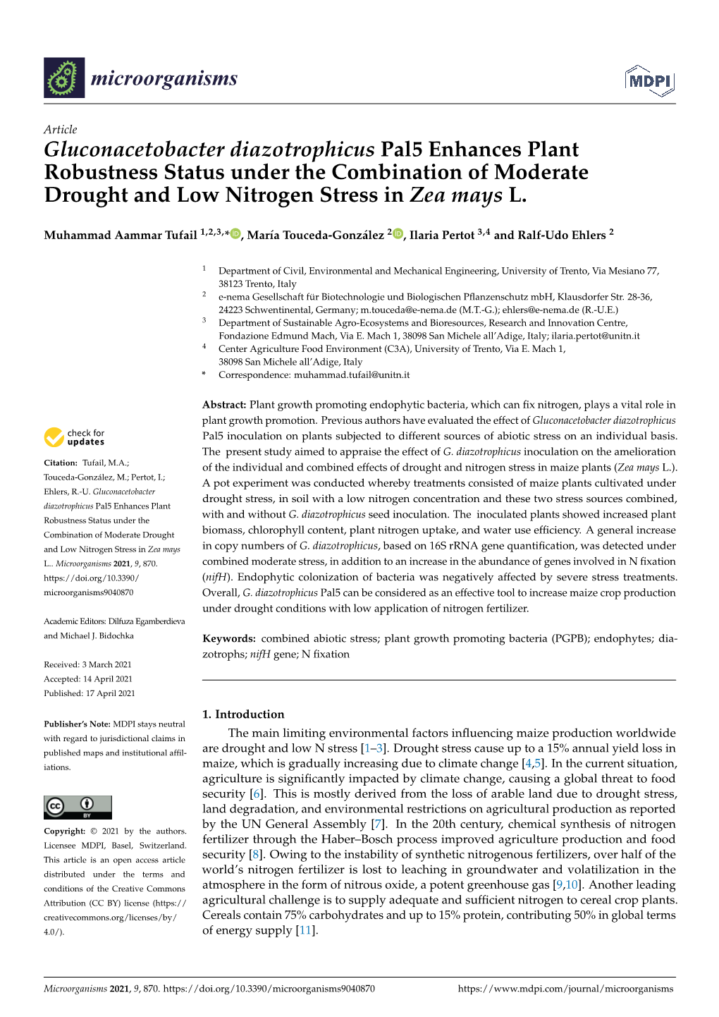 Gluconacetobacter Diazotrophicus Pal5 Enhances Plant Robustness Status Under the Combination of Moderate Drought and Low Nitrogen Stress in Zea Mays L