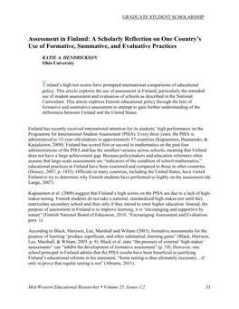 Assessment in Finland: a Scholarly Reflection on One Country's Use Of