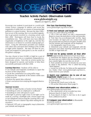Teacher Activity Packet: Observation Guide March 22-April 4, 2011