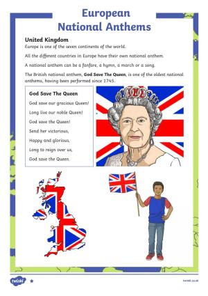 European National Anthems United Kingdom Europe Is One of the Seven Continents of the World