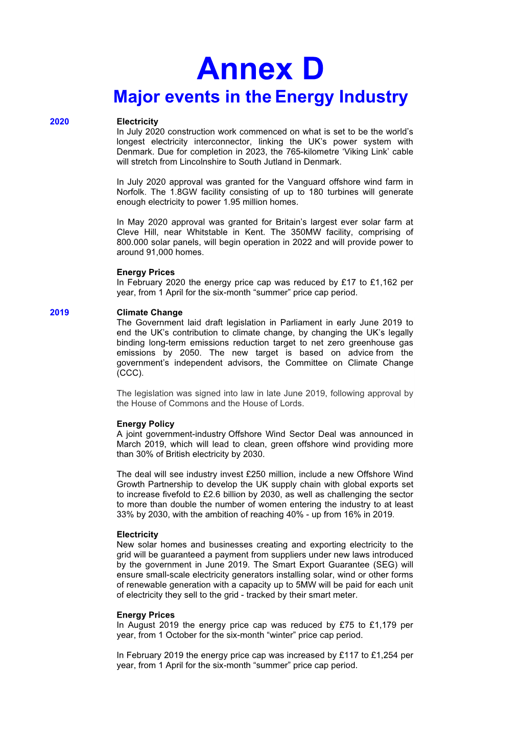 Annex D Major Events in the Energy Industry