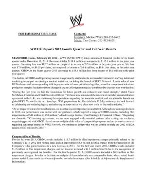 WWE® Reports 2013 Fourth Quarter and Full Year Results