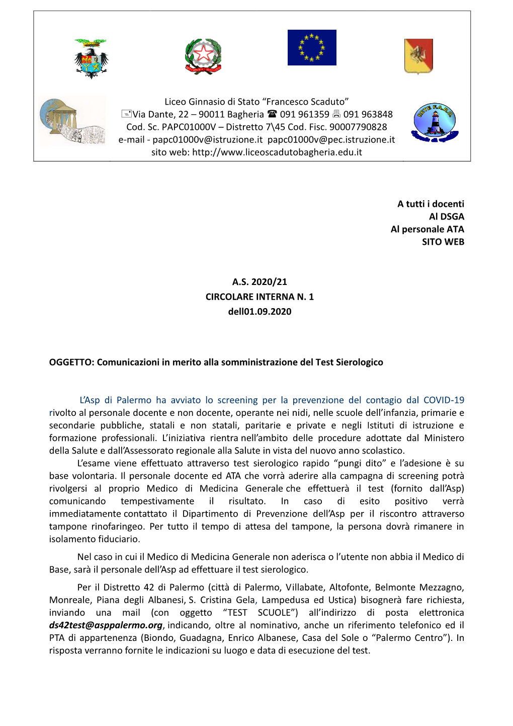 Comunicazioni in Merito Alla Somministrazione Del Test Sierologico