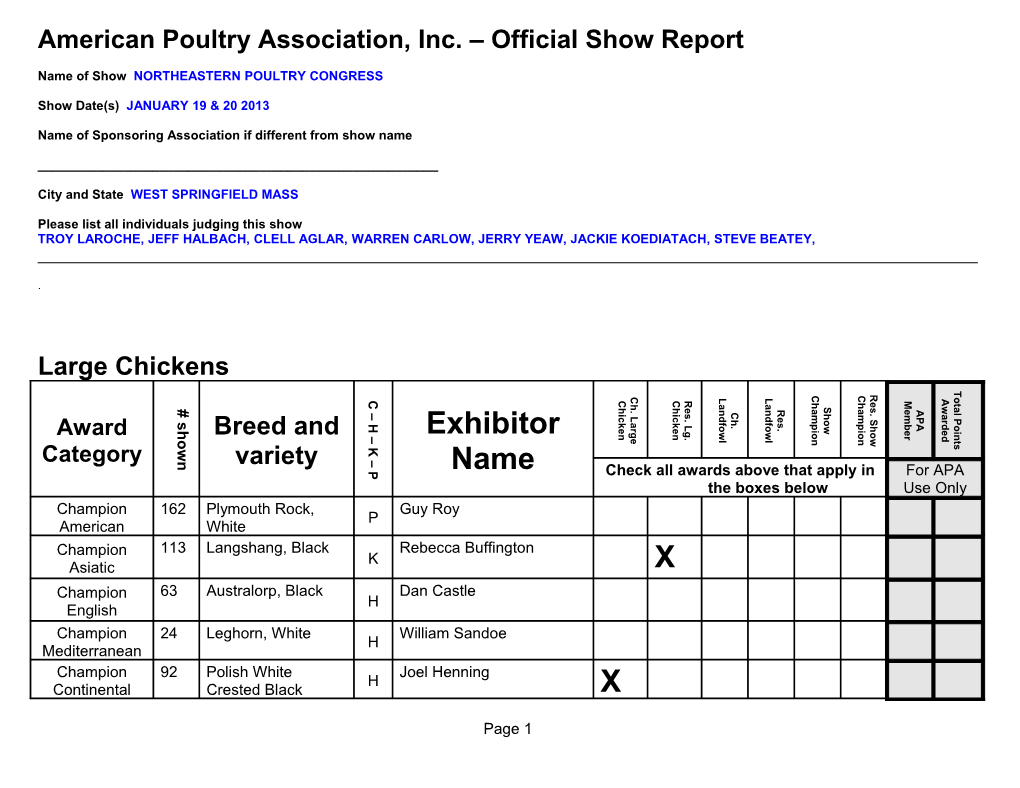 American Poultry Association, Inc. Official Show Report