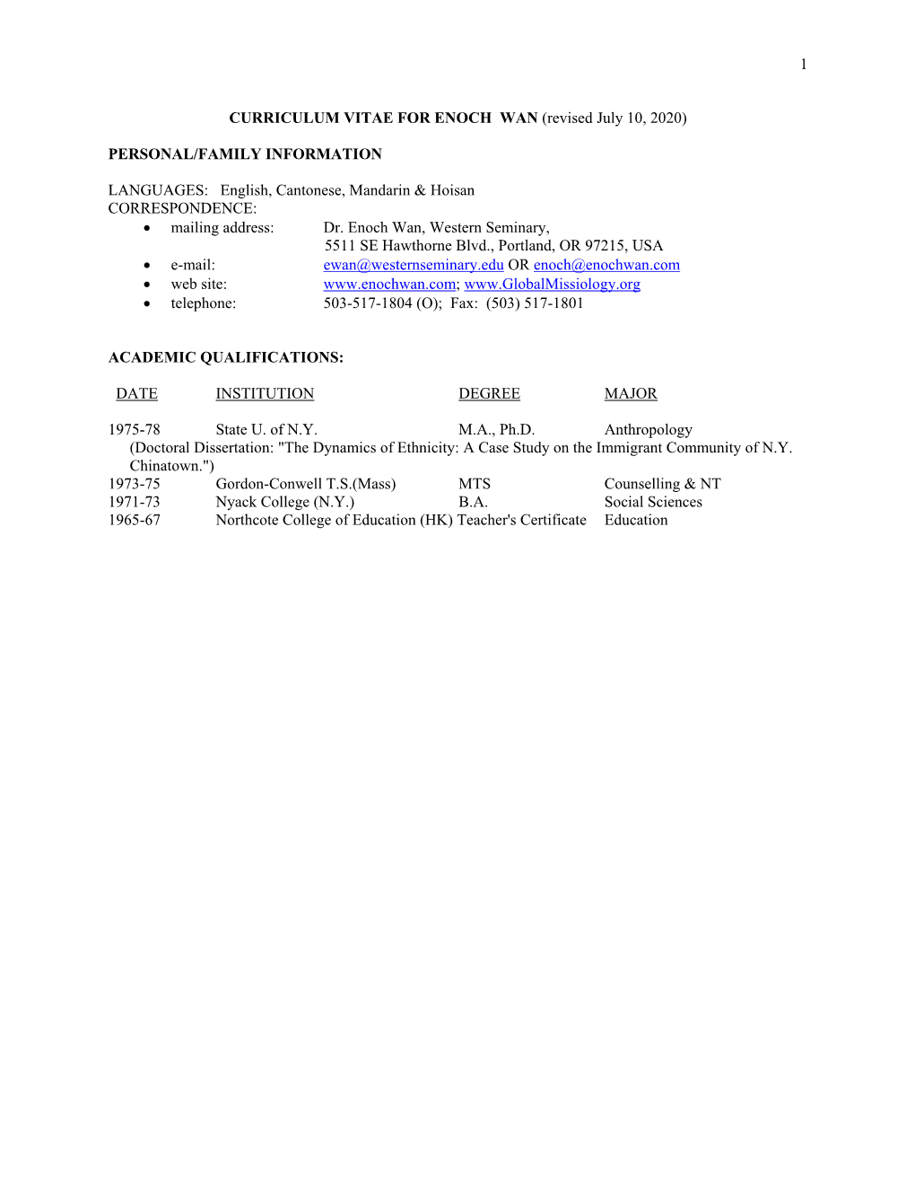 Enoch Wan's CV