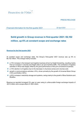 Solid Growth in Group Revenue in First-Quarter 2021: €6,102 Million, up 6% at Constant Scope and Exchange Rates