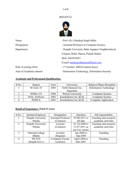 Assistant Professor in Computer Science. Department : Punjabi Univ