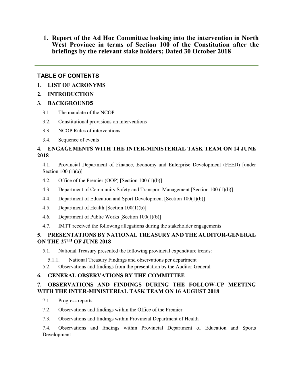 North West Report Ad Hoc Committee Report on the North West Intervention