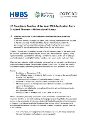 HE Bioscience Teacher of the Year 2020 Application Form Dr Alfred Thumser – University of Surrey