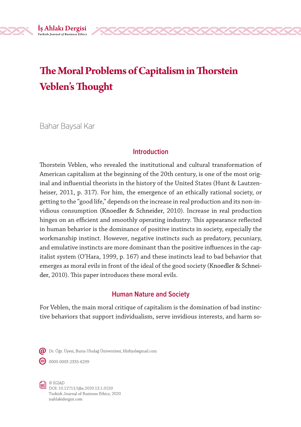 The Moral Problems of Capitalism in Thorstein Veblen's Thought