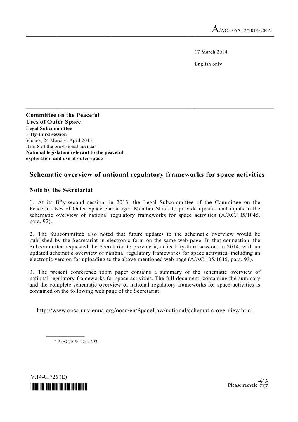 Schematic Overview of National Regulatory Frameworks for Space Activities