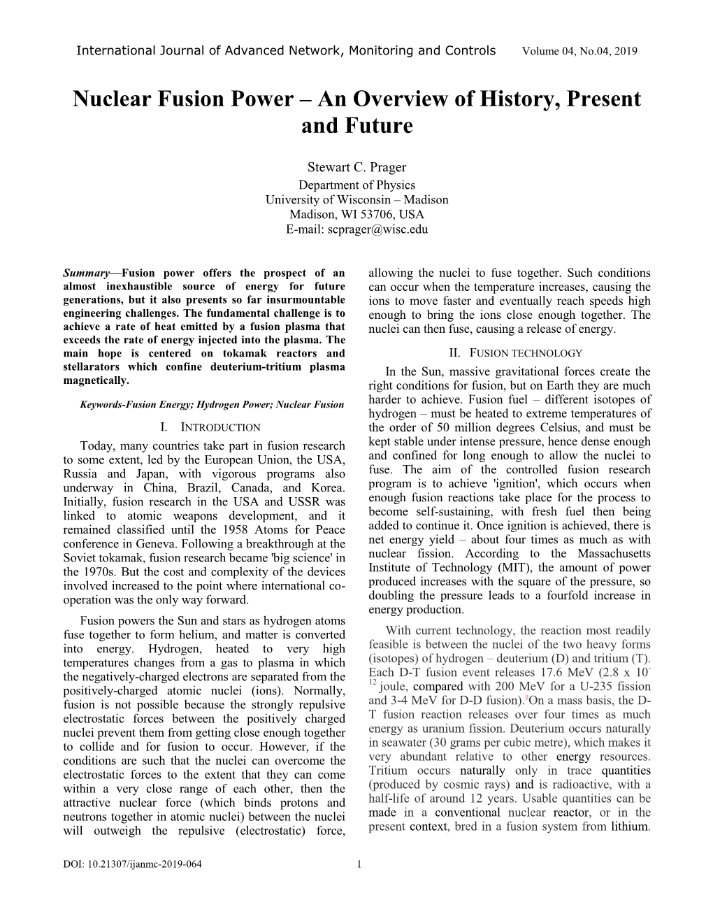 Nuclear Fusion Power – an Overview of History, Present and Future