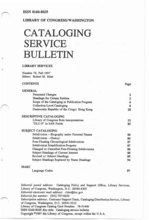 Cataloging Service Bulletin 078, Fall 1997